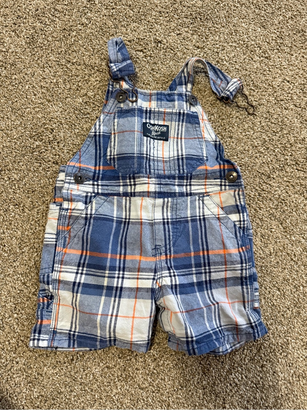 OshKosh B'gosh Blue and Orange Plaid Toddler Short Overalls 9 months